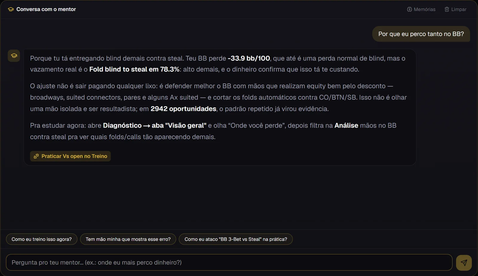 Chat with the Mentor: the player’s question and an answer with their own numbers