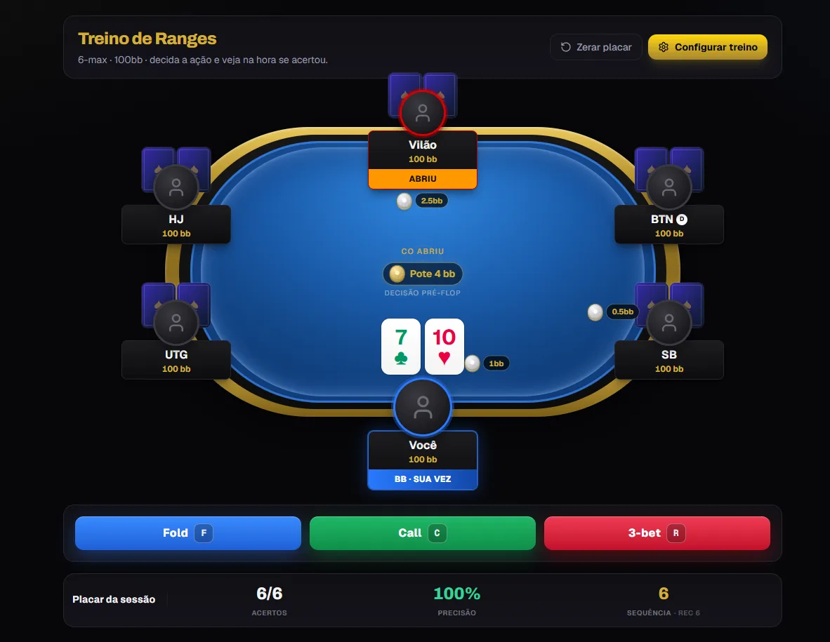 Poker Semi-Pro range training table in HU, 6-max and 9-max, with instant feedback